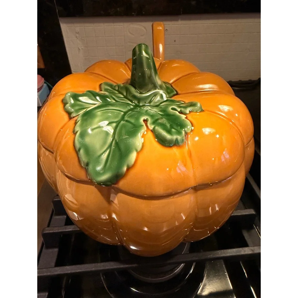 Pier 1 Harvest Gold Ceramic Pumpkin Soup Tureen with Lid and Ladle